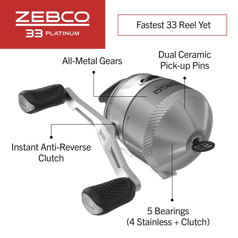 Zebco 33 Platinum Spincast Fishing Reel, Size 30 Reel, Right or Left-Hand Retrieve, 4.7:1 Gear Ratio, Pre-spooled with 10 lb Zebco Cajun Line, Silver - Image 3